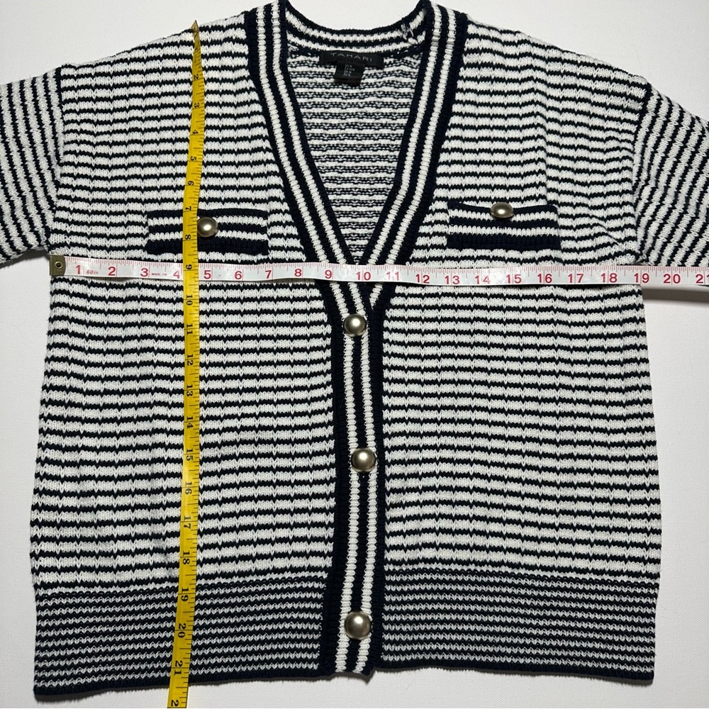 Tahari Knit V-Neck Cardigan; Black/White Stripes; Silver Accents - Women Medium - Picture 11 of 15